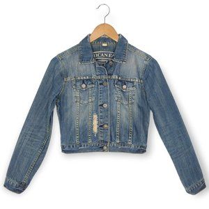 Vintage Y2K American Eagle AEO Cropped Denim Jean Jacket Size S Distressed